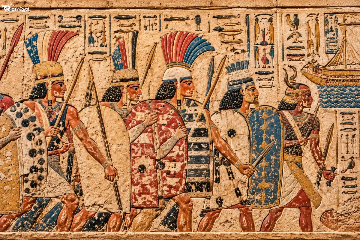 Sea Peoples warriors with feathered headdresses in Medinet Habu reliefs - Trips in Egypt